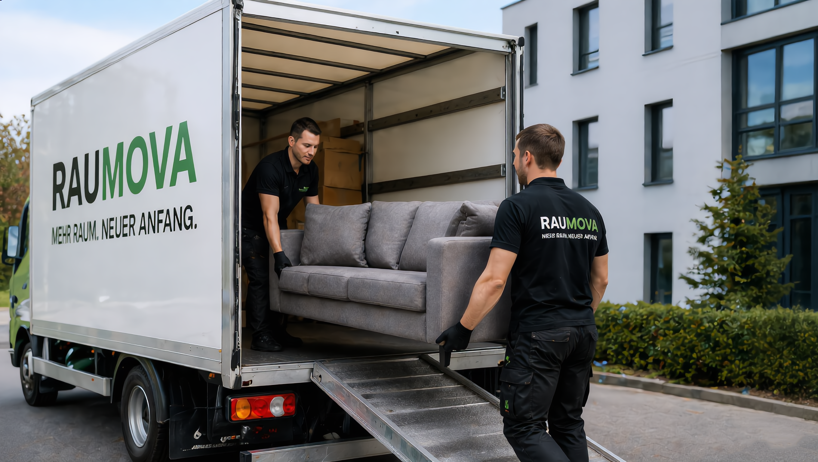 Entrümpelung – Team trägt Sofa zum Transporter