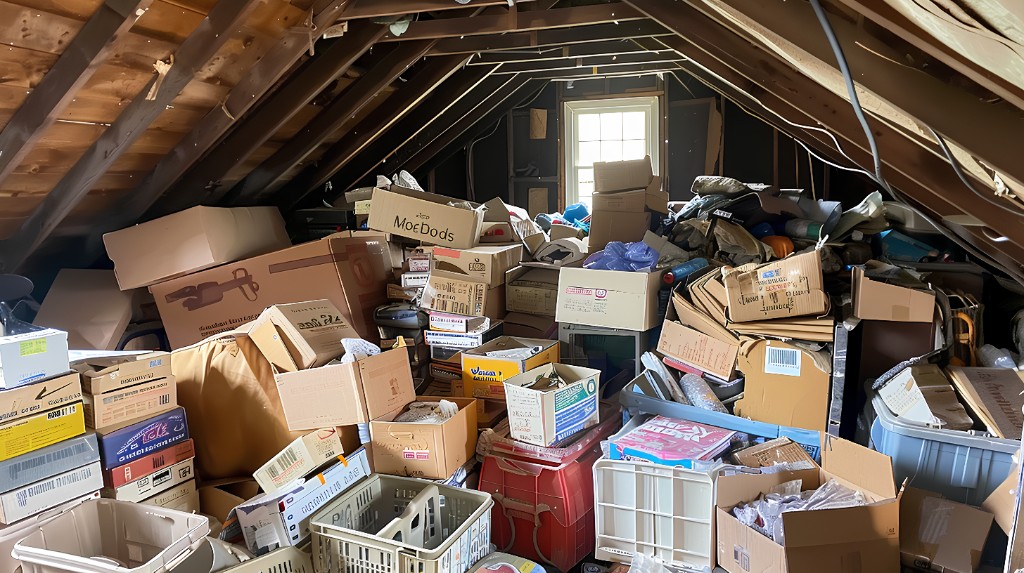 Entrümpelung – Dachboden mit Kartons und Gegenständen